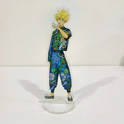 Clear acrylic stand featuring ran rindo haitani with spiky blonde hair in green and blue stained glass outfit tokyo revengers