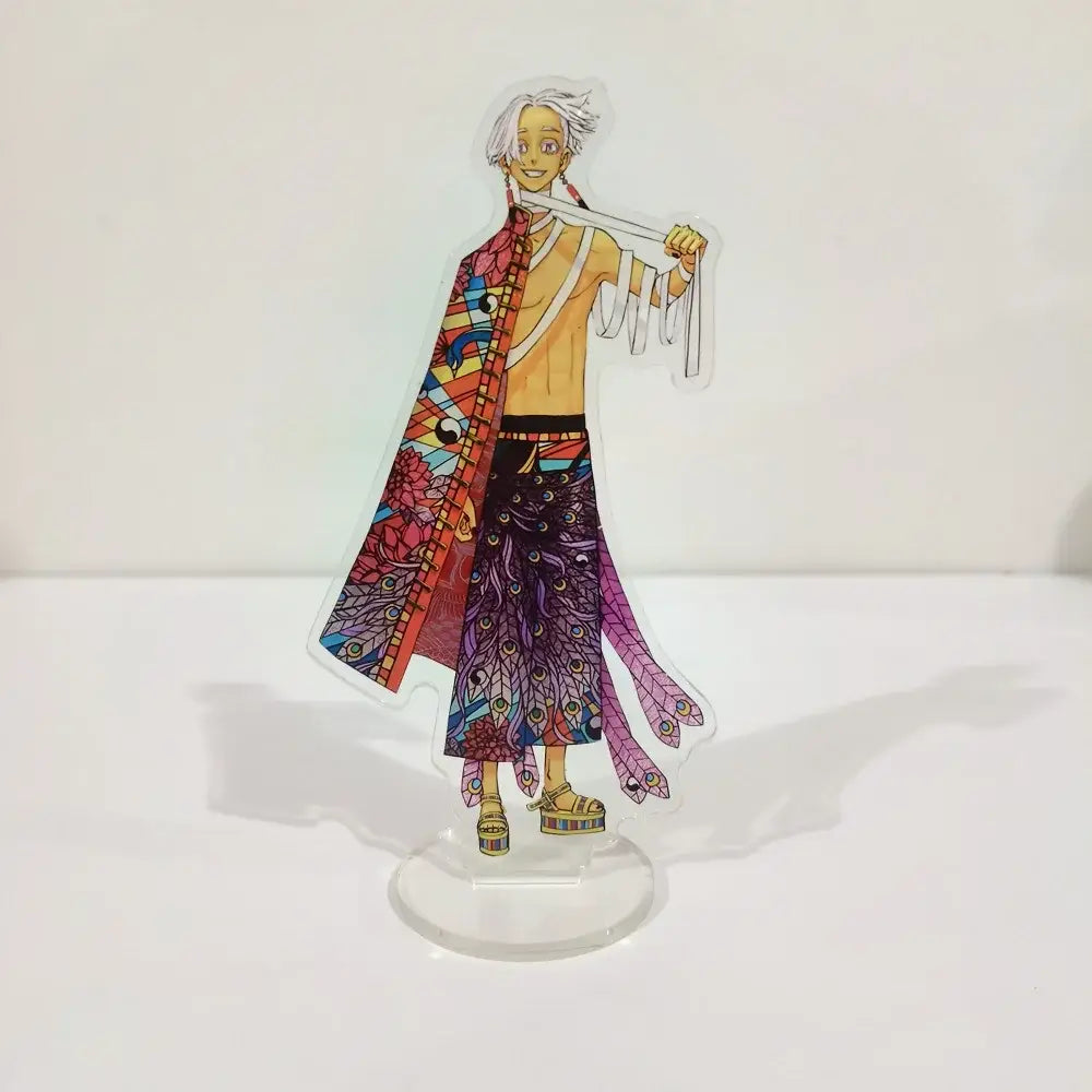 A colorful translucent 15cm ran rindo haitani acrylic standee from tokyo revengers featuring white hair and vibrant clothing
