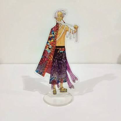 A colorful translucent 15cm ran rindo haitani acrylic standee from tokyo revengers featuring white hair and vibrant clothing