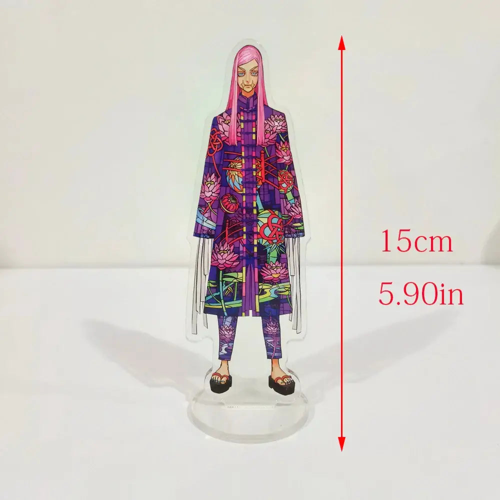 A 15cm tall transparent acrylic standee of ran rindo haitani in a purple floral robe from tokyo revengers acrylic stand