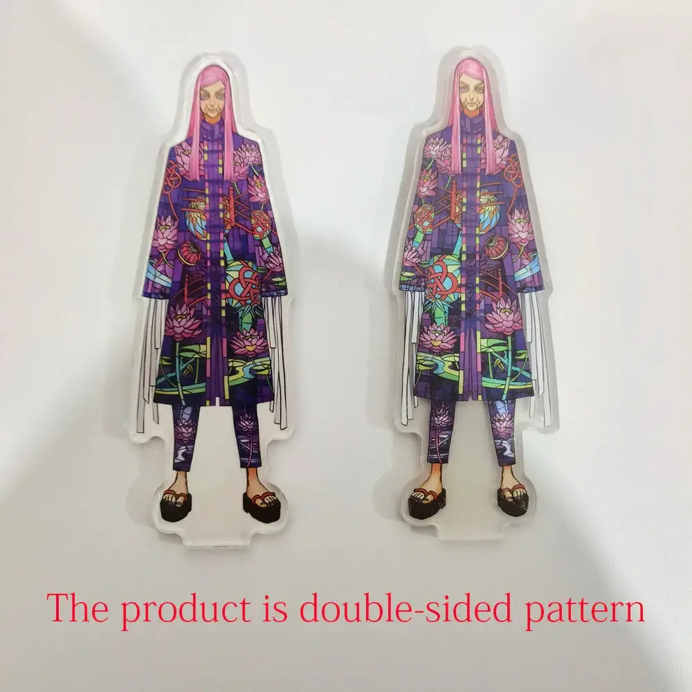 Two translucent 15cm ran rindo haitani acrylic standees in purple and pink outfit from tokyo revengers