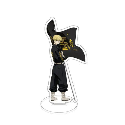 Black and gold acrylic stand featuring blonde sano manjiro in uniform holding a flag with golden kanji from tokyo revengers