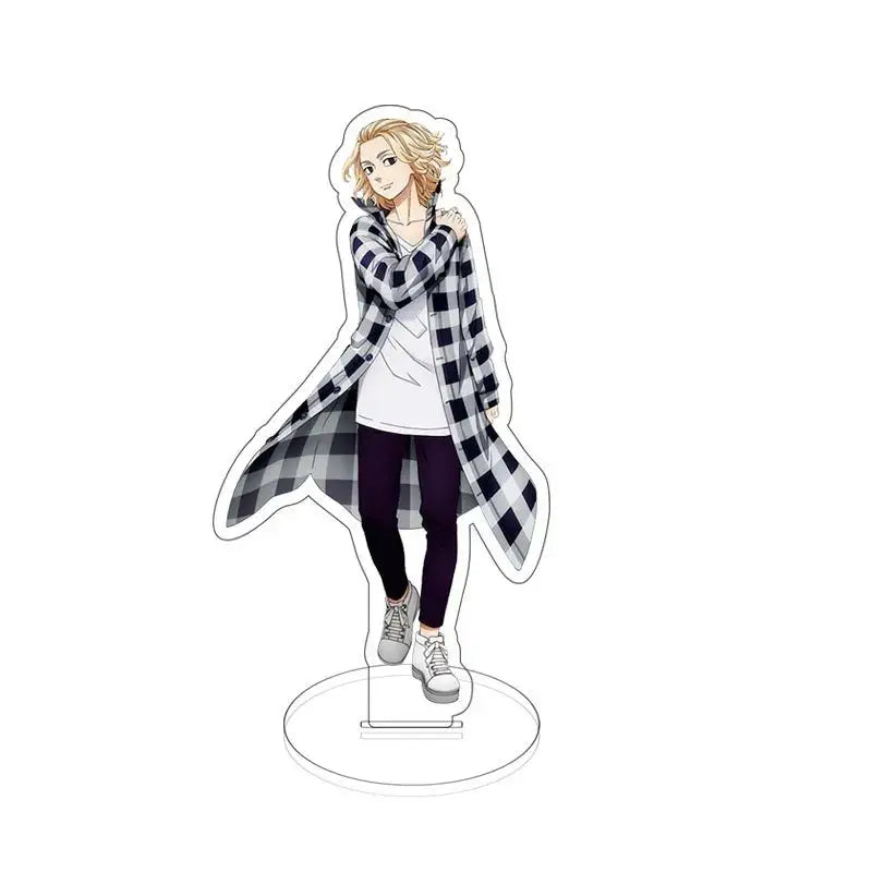Clear acrylic stand of tokyo revengers sano manjiro with blonde hair in black and white plaid coat anime decor