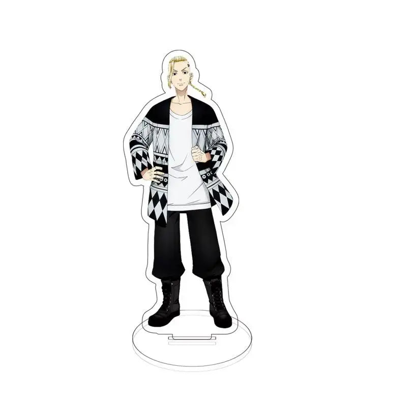 Black and white geometric patterned acrylic standee of blonde sano manjiro from tokyo revengers in casual outfit