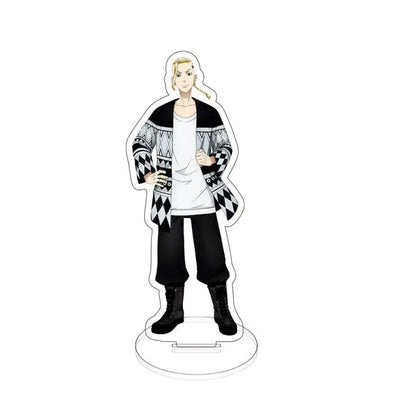 Black and white geometric patterned acrylic standee of blonde sano manjiro from tokyo revengers in casual outfit