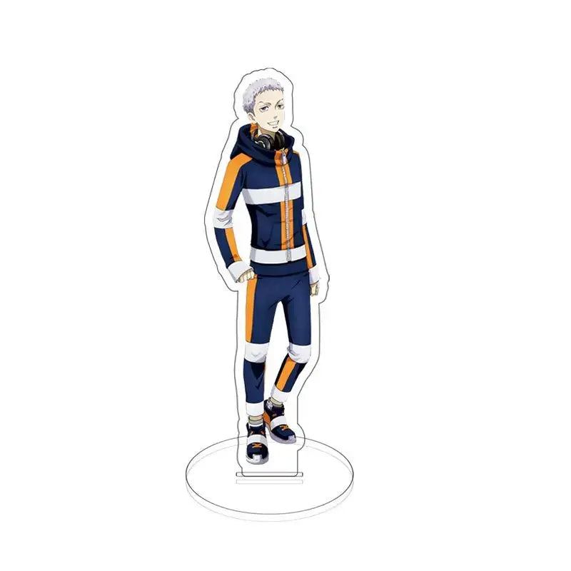 Clear acrylic stand of tokyo revengers sano manjiro with short silver hair in navy blue and orange striped hoodie