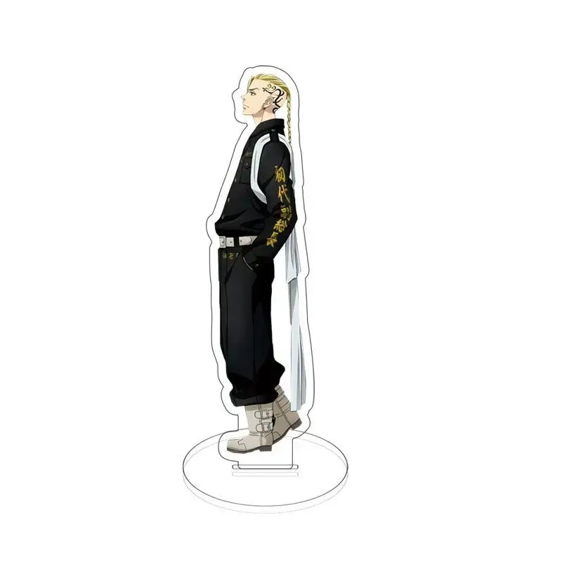 Black and gold-accented tokyo revengers sano manjiro acrylic standee with blonde braided hair in black and white outfit