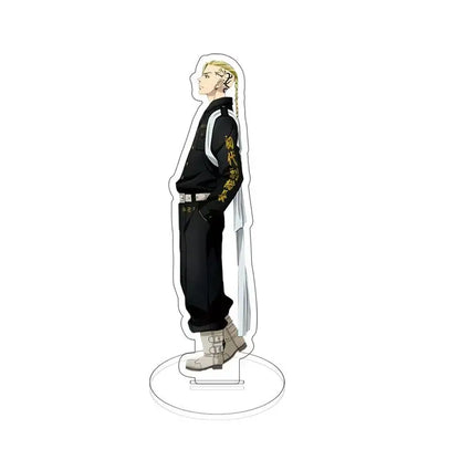 Black and gold-accented tokyo revengers sano manjiro acrylic standee with blonde braided hair in black and white outfit