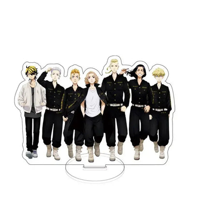 Clear acrylic tokyo revengers sano manjiro stand featuring seven characters in black uniforms with gold accents for anime decor