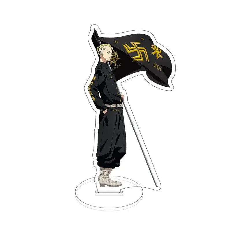 Black and gold acrylic standee of blonde sano manjiro holding flag with swastika symbol from tokyo revengers anime decor