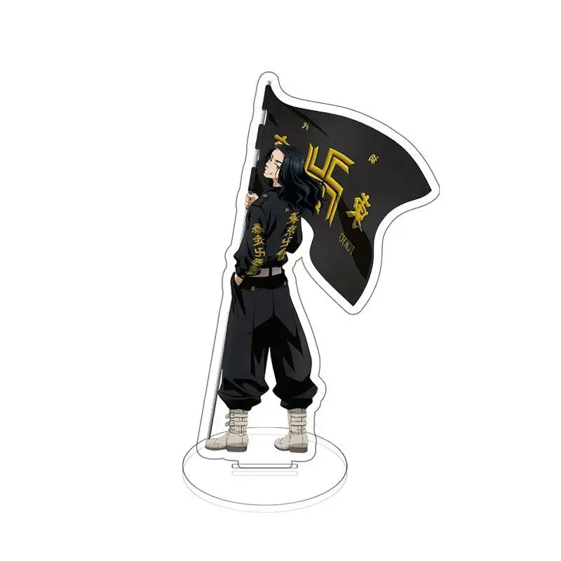 Tokyo revengers sano manjiro black and gold acrylic standee holding a flag with golden kanji for anime decor