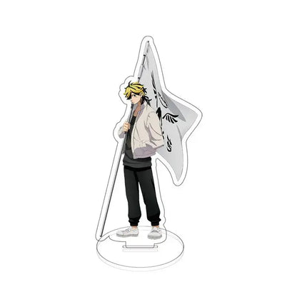 Clear acrylic stand of tokyo revengers sano manjiro with blonde hair holding white flag, beige jacket, and black pants
