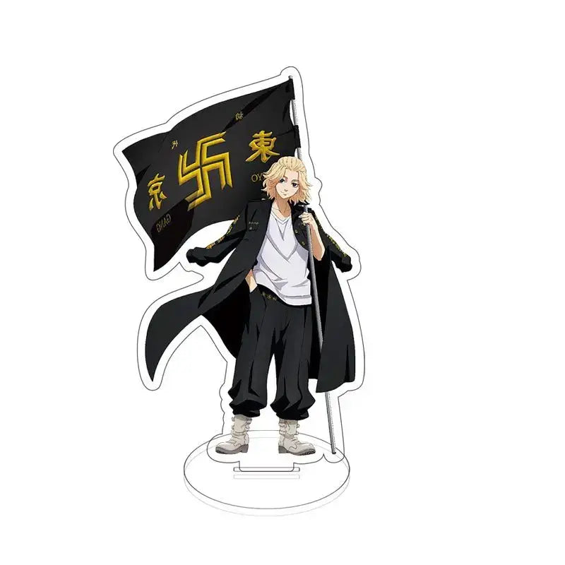 Black acrylic standee of tokyo revengers sano manjiro with blonde hair holding gold kanji flag for anime decor