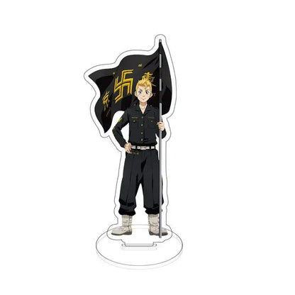 Black acrylic standee of sano manjiro from tokyo revengers holding a black flag with gold lettering anime decor