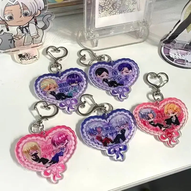 Tokyo Revengers Sanzu heart-shaped acrylic keychain featuring chibi anime characters with colorful borders and bows
