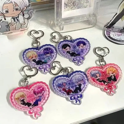 Tokyo Revengers sanzu heart-shaped acrylic keychain featuring chibi anime characters with colorful bows and metallic clasps