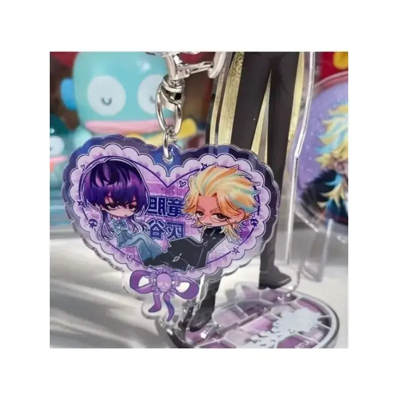 Tokyo Revengers heart-shaped acrylic keychain featuring purple and blonde anime characters on lavender star background