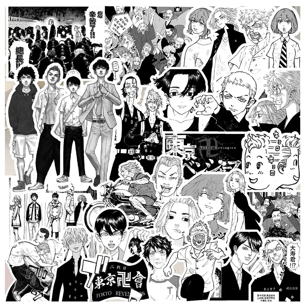 Black and white tokyo revengers sticker decals waterproof graffiti set featuring anime characters on a sheet