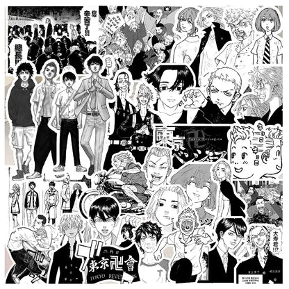 Black and white tokyo revengers sticker decals waterproof graffiti set featuring anime characters on a sheet