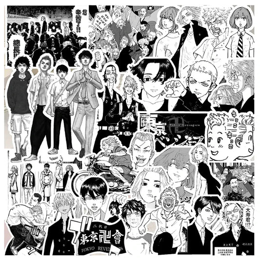 Black and white tokyo revengers sticker decals waterproof graffiti set featuring anime characters on a sheet