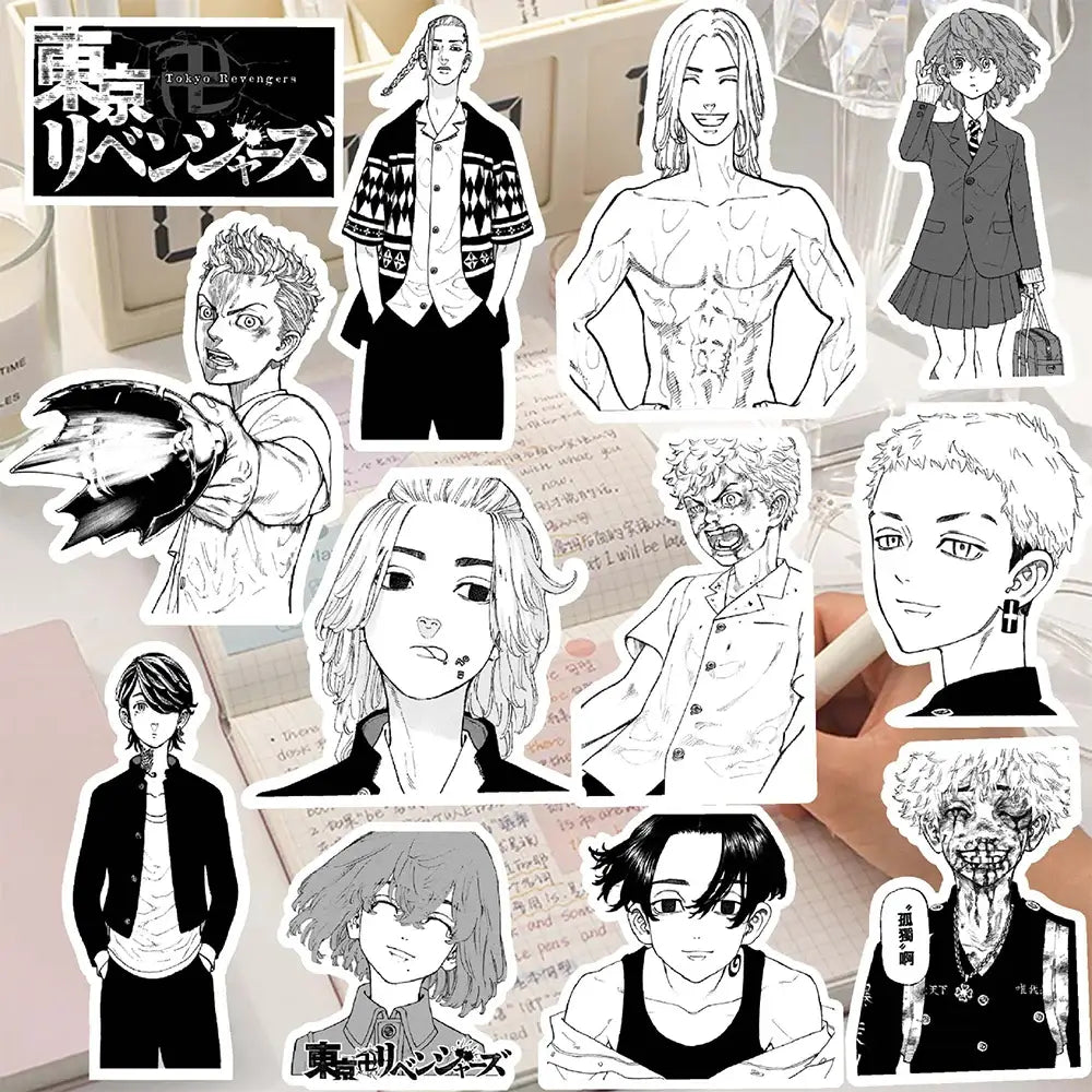 Black-and-white tokyo revengers sticker decals featuring detailed line art of anime characters in various poses and outfits