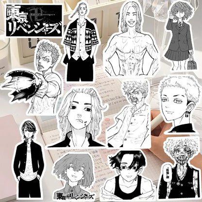 Black-and-white tokyo revengers sticker decals featuring detailed line art of anime characters in various poses and outfits