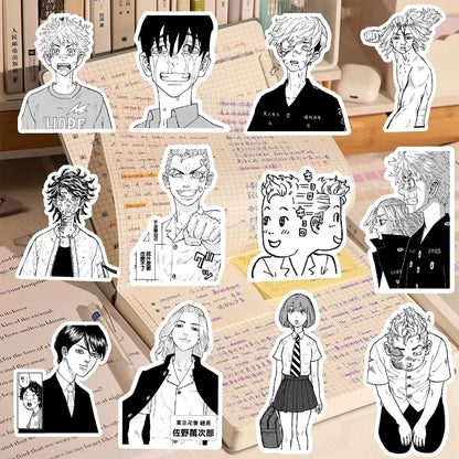 Black-and-white tokyo revengers anime character sticker decals with various expressions and outfits waterproof set