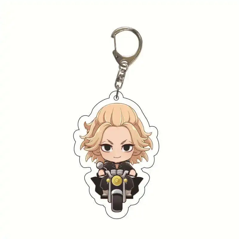 Chibi-style tokyo revengers takemichi draken acrylic keychain with blonde character riding black and gold motorcycle