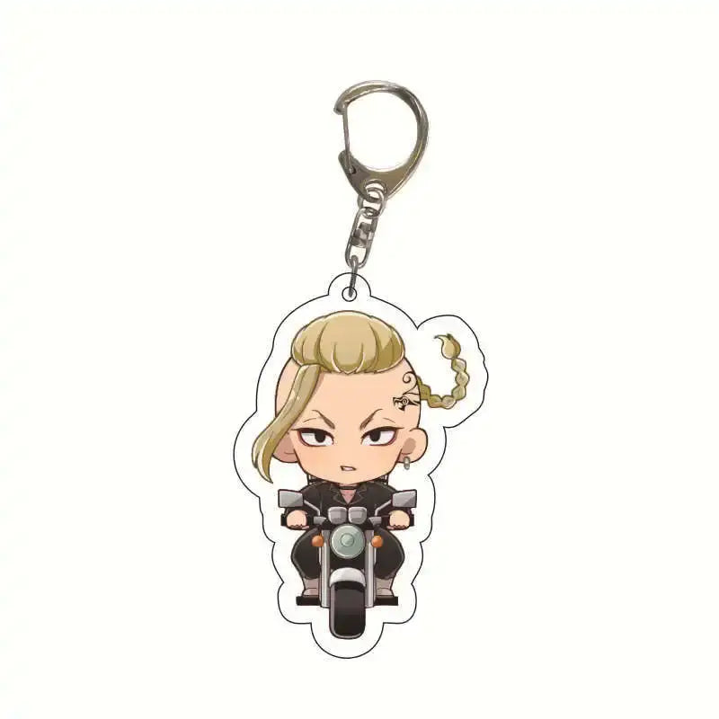 Chibi-style tokyo revengers takemichi draken acrylic keychain with blonde braided hair riding motorcycle and metal clip