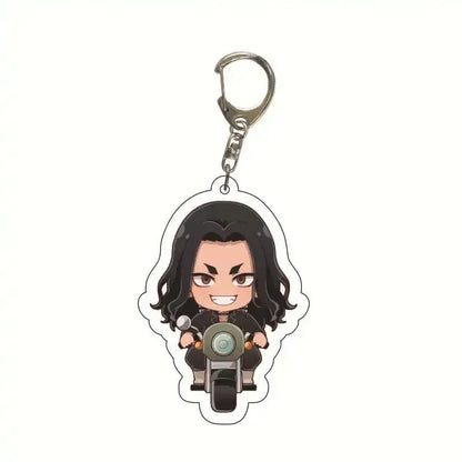 Chibi-style tokyo revengers takemichi draken acrylic keychain featuring black hair character on motorcycle with silver clip