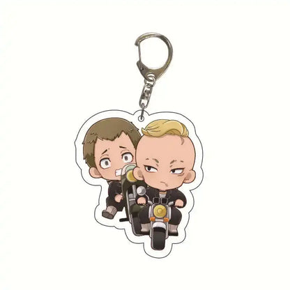 Clear acrylic tokyo revengers takemichi draken keychain featuring chibi anime characters on a motorcycle in color