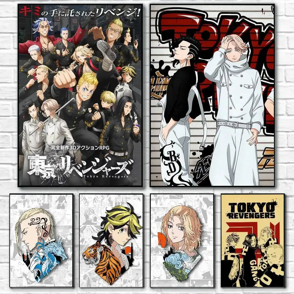 Tokyo revengers takemichi poster art print with vibrant character art and bold typography on printed canvas wall decor