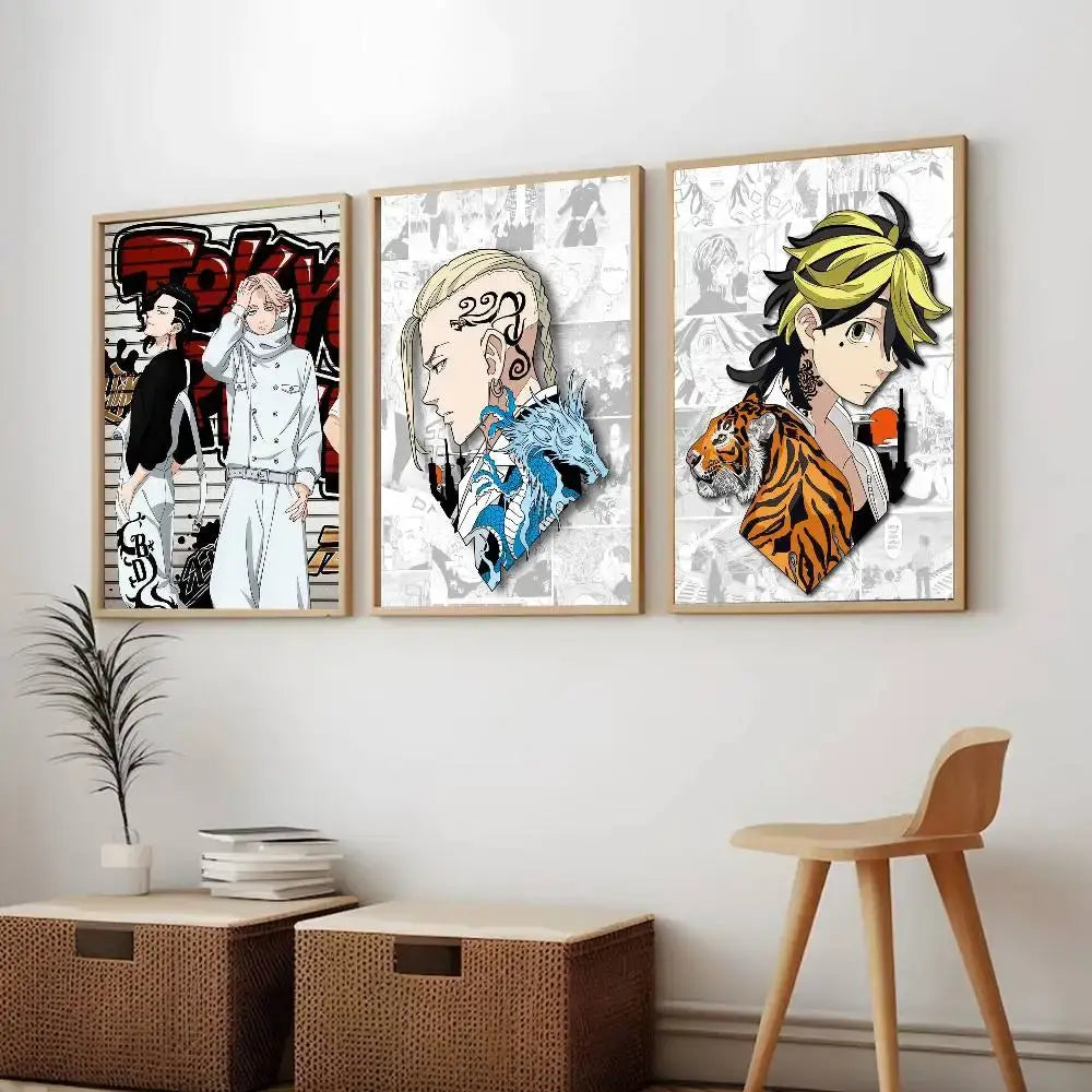 Three framed tokyo revengers poster art prints with vibrant colors and detailed anime character artwork for wall decor