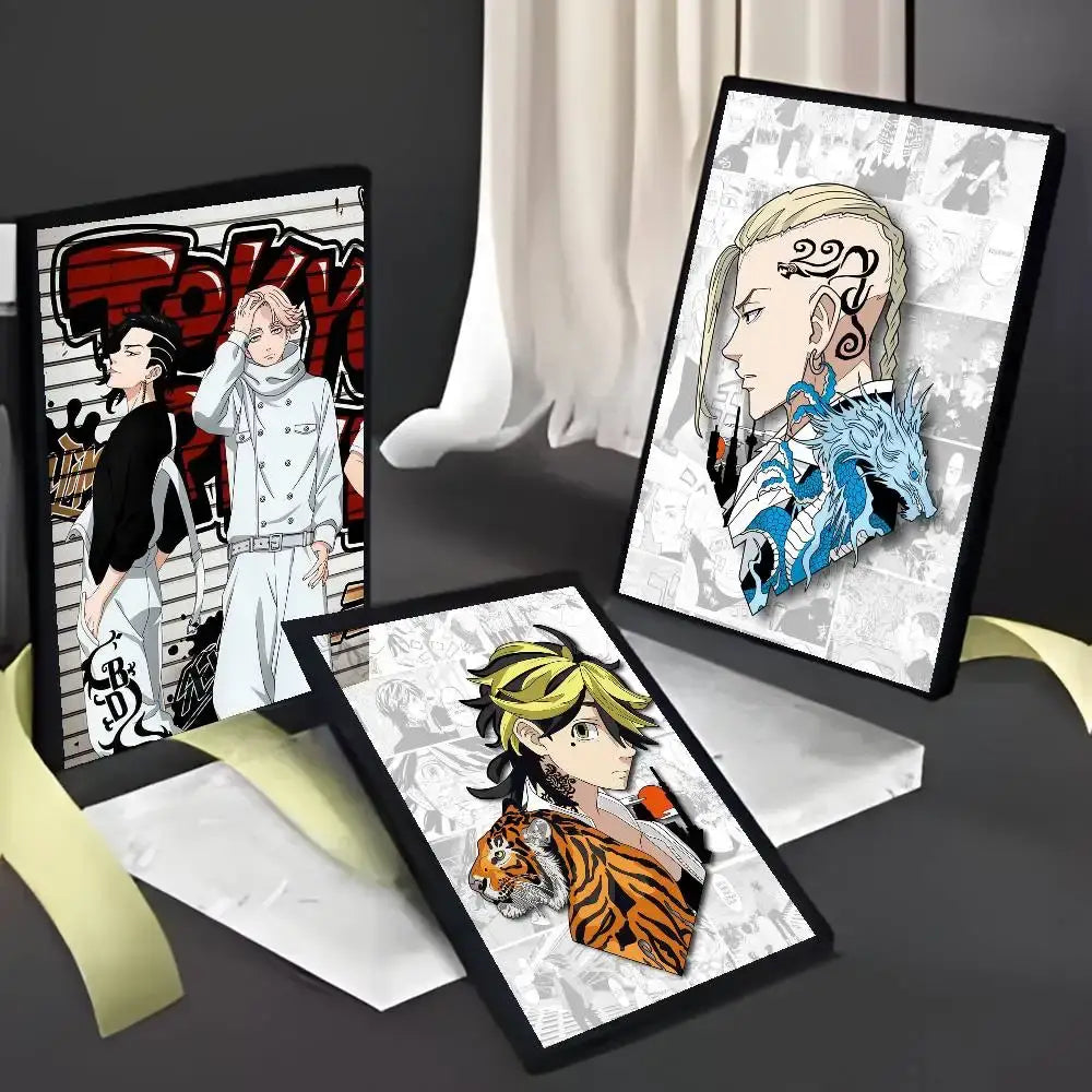 Three framed tokyo revengers poster art prints with colorful anime designs and black frames for wall decor