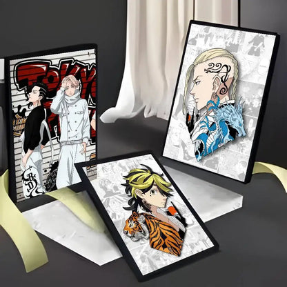 Three framed tokyo revengers poster art prints with colorful anime designs and black frames for wall decor