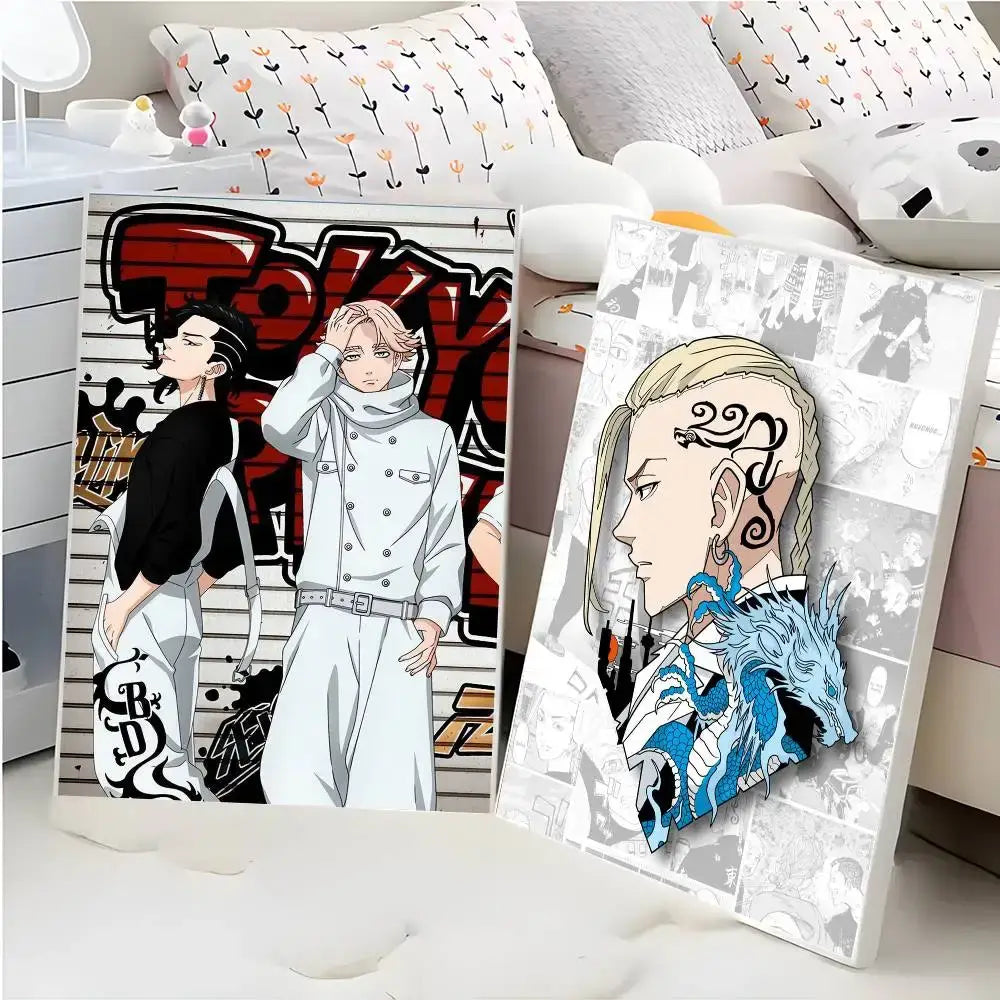 Two tokyo revengers art print poster art prints featuring black and white and colorful anime character designs on canvas