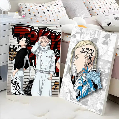 Two tokyo revengers art print poster art prints featuring black and white and colorful anime character designs on canvas