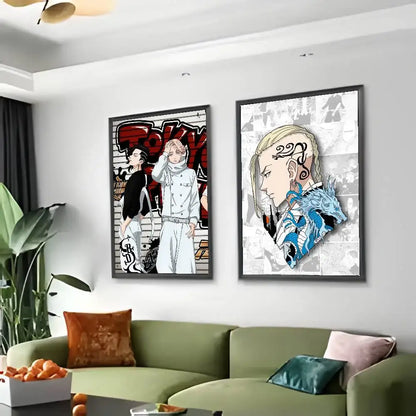 Two framed tokyo revengers takemichi poster art prints featuring red white comic and blue black side profile designs