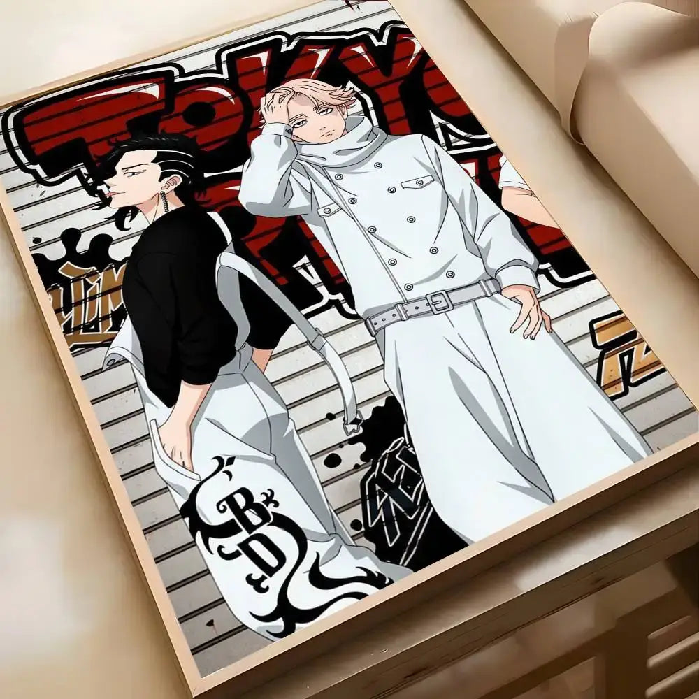 A framed tokyo revengers poster art print featuring two characters in white and black attire for wall decor