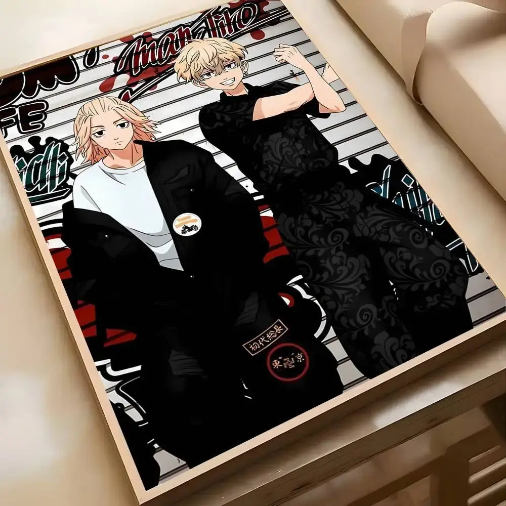 Black and white tokyo revengers poster art print featuring two characters with bold red background accents wall decor
