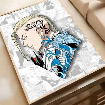 A tokyo revengers poster art print featuring a blonde anime character with black tattoos and a blue dragon design