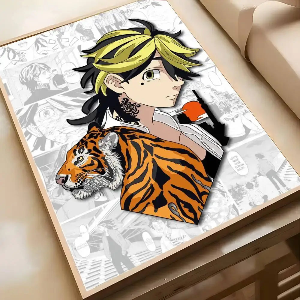 A framed tokyo revengers takemichi poster art print featuring a character with yellow black hair and an orange tiger