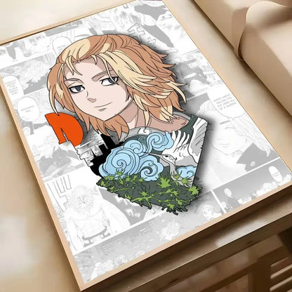 Tokyo Revengers poster art print featuring a framed anime character with blonde hair and blue clouds wall decor