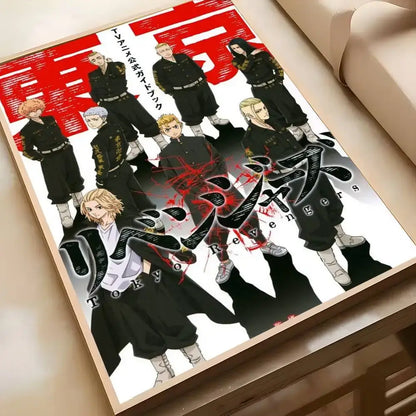 Framed tokyo revengers poster art print featuring main characters in black uniforms with red and white accents on a light surface