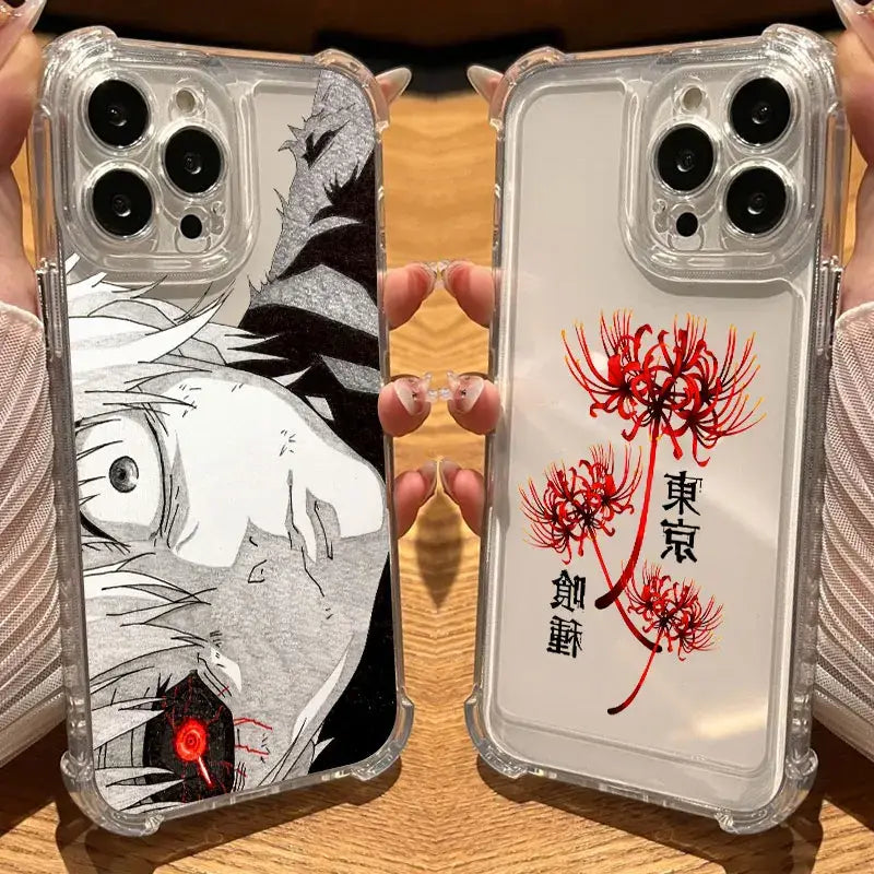 Clear silicon hot phone case for iPhone featuring anime ghouls with black and white character and red spider lilies design