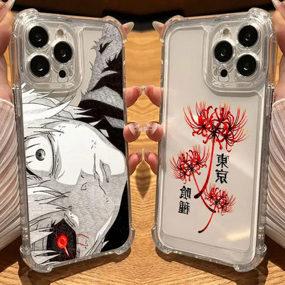 Clear silicon hot phone case for iPhone featuring anime ghouls with black and white character and red spider lilies design
