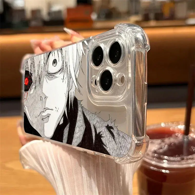 Clear protective silicon phone case for iphone featuring black-and-white anime ghouls hot phone design with red eye