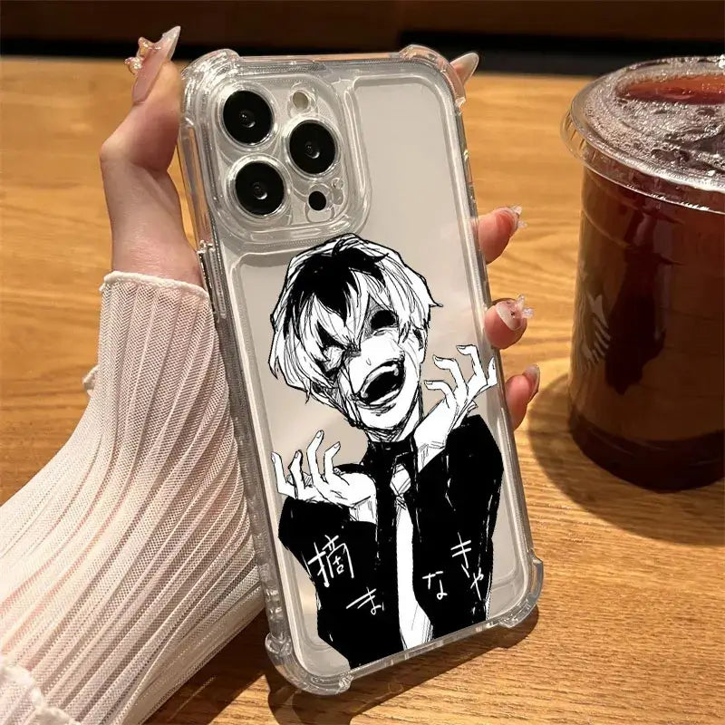 Clear protective silicon phone case with black and white anime ghouls hot phone design for iphone models back view