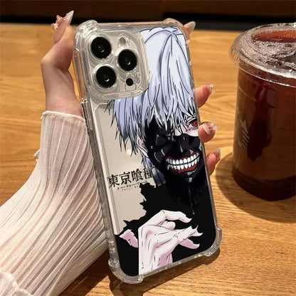Clear plastic phone case featuring a black and white silver haired anime character with red eye and sharp teeth back side for ghouls hot phone cases