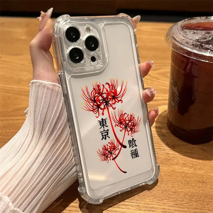 Clear silicon phone case for iphone featuring red spider lilies and black japanese characters for ghouls hot phone use